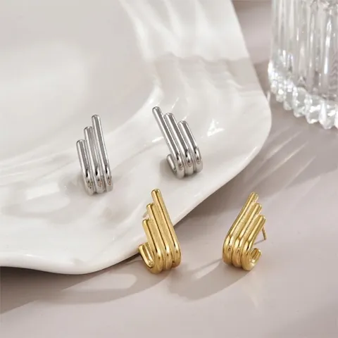 Geometric J-Shaped Vertical Stripe Stud Earrings Polished Titanium Steel Minimalist Jewelry For Women