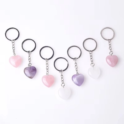 Herz Schlüsselanhänger Naturkristallstein Amethyst Rosenquarz Polierte Zinklegierung Taschenanhänger Geschenk Accessoires Damen
