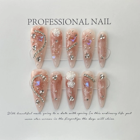 Handgefertigte Aufklebenägel Rosa Marmor Mandelform Mit 3D Blume Und Strass Dekoration Süßer Luxusstil