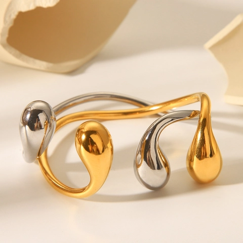 Asymmetrische Open Armband Roestvrij Staal 18K Verguld Druppel Manchetarmband Tweekleurig Minimalistische Sieraden Ins