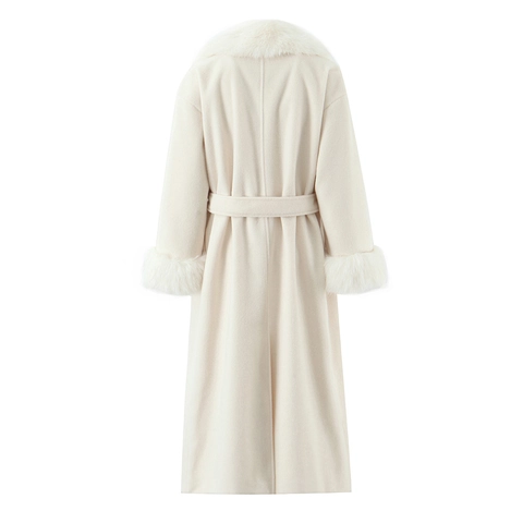 Women Long Woolen Coat With Faux Fur Collar And Cuffs Slim Waist Belted Elegant Warm Winter Overcoat