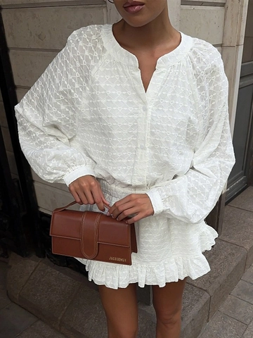Baumwollweißes Minikleid Mit Herzstickerei Laternenärmel V-Ausschnitt Knopfleiste Elastische Taille Rüschensaum Französischer Chic