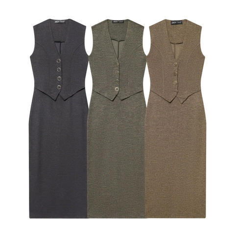 Women Sleeveless V-Neck Midi Dress Textured Polyester Slim Fit Elegant Waistcoat Style With Decorative Buttons