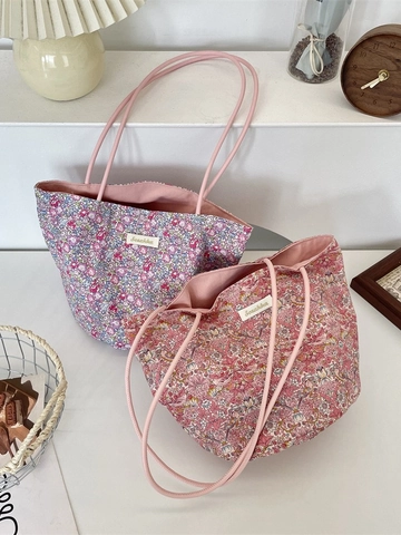 Women Floral Bucket Tote Bag Polyester Canvas Portable Handbag Casual Sweet Shoulder Bag