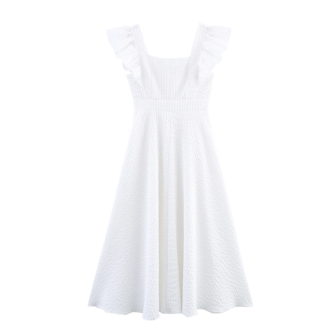 Abito Lungo Donna Scollo Quadrato Maniche A Volant Floreale Perla Artificial Elegante Testurizzato Stile Vintage