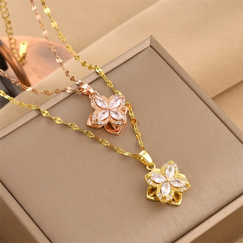 Collana Con Pendente A Quadrifoglio Rotante Acciaio Inossidabile Zircone Fiore Gioielli Eleganti Stile Coreano Donna