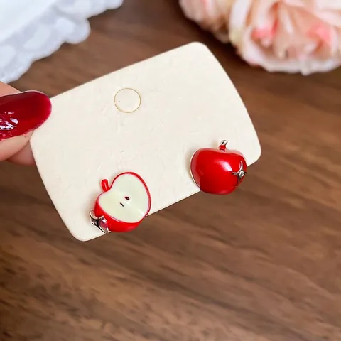 Pendientes De Botón De Manzana Rojos Verdes Asimétricos Con Poste De Plata De Ley 925 Cobre Esmalte Joyería Fruta