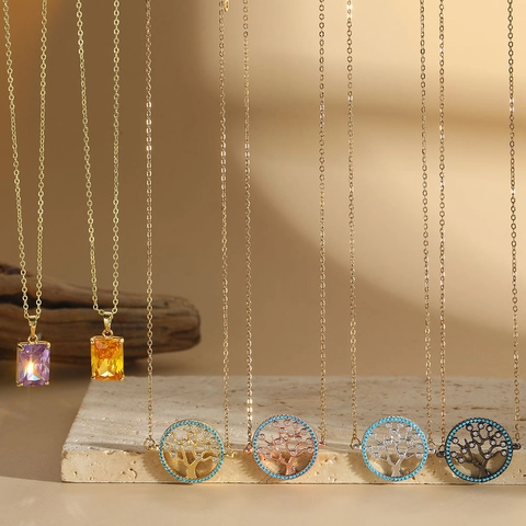 Collana Pendente Albero Della Vita Zirconia Cubica Rettangolare Rame Vetro Lusso Etnico Catena Della Clavicola Gioielli Per Donne
