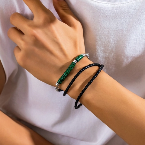 Men Multi-layer Woven PU Leather Bracelet With Alloy Spacers And Turquoise Malachite Beaded Boho Retro Wristband