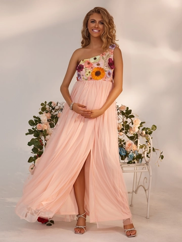 Robe Longue De Maternité Rose À Épaule Unique Avec Broderie Florale Filet Ourlet Fendu Élégante Robe En Tulle