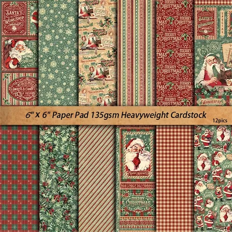 Vintage Christmas Scrapbook Paper Material Retro Santa Claus Pattern Cardstock Diy Journal Collage Decoration Arts Crafts