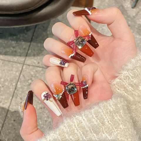 Handmade Press On Nails Long Coffin Amber Gradient Red Dimensional Bowknot Rhinestone Artificial Pearl Elegant Winter Style