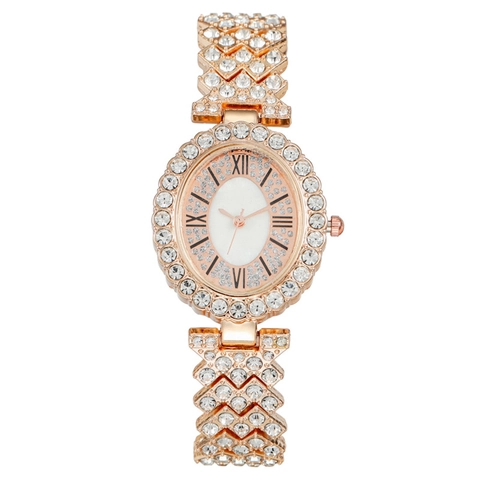 Women Fashion Watch Elegant Full Rhinestone Bling Oval Dial Metal Bracelet Quartz Wristwatch Jewelry Gift