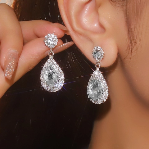 Elegant Water Drop Rhinestone Drop Earrings For Women Sparkling Inlaid Rhinestone Stainless Steel Earring Post Fashion Jewelry