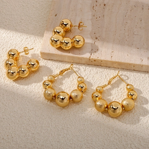 Orecchini a Cerchio in Rame Dorato con Perline Stile Francese per Donna Orecchini Sfera Lucidi Opachi Minimalisti Gioielli Moda