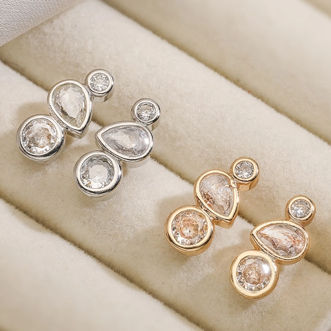 Zircon Stud Earrings For Women Copper Vertical Three Stone Teardrop Round Cut Geometric Fashion Jewelry Gift