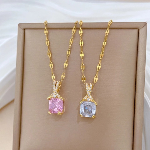 Collana Con Ciondolo Quadrato In Zircone Rosa E Catena In Acciaio Inossidable Per Donna Gioielli Eleganti Da Banchetto