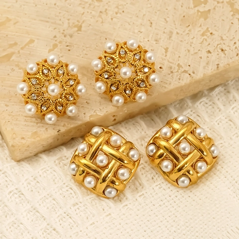 Vintage Geometric Earrings 18K Gold Plated Stainless Steel With Imitation Artificial Pearl And Rhinestone Waterproof Fashion Jewelry