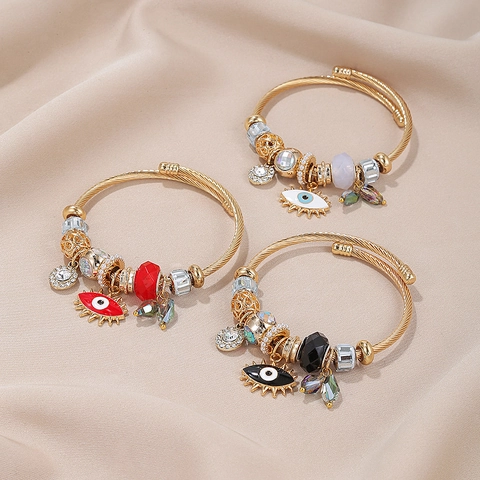 Bracelet Jonc Ouvert Evil Eye Acier Inoxydable Alliage Strass Email Bohème Bijoux De Chance Pour Femme