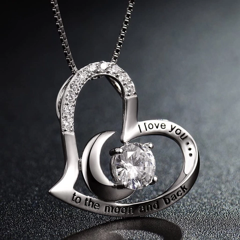 Collana con Pendente a Cuore e Luna in Argento Sterling 925 I Love You To The Moon And Back Strass Inciso Gioielli Regalo Donna