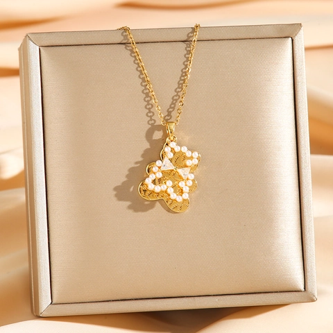 Collana Doppio Strato Ciondolo Orso Acciaio Al Titanio Con Zircone E Imitazione Perla Artificial Nodo Farfalla Cuore Chic Donna