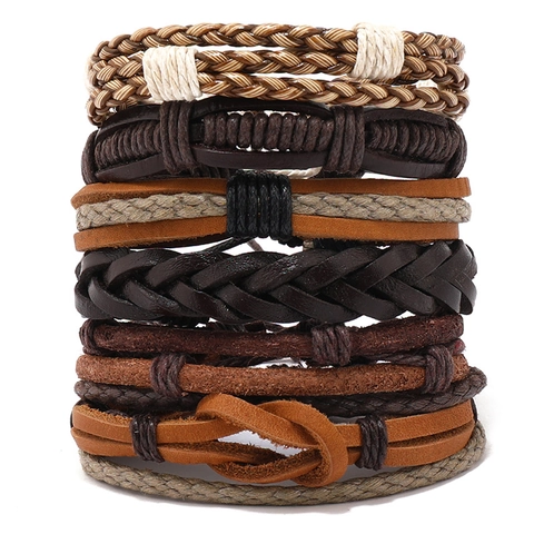 Bracelet Tressé Vintage Cuir De Vachette PU Corde De Chanvre Fil De Cire Réglable Multi Couches Bijoux Punk Pour Hommes