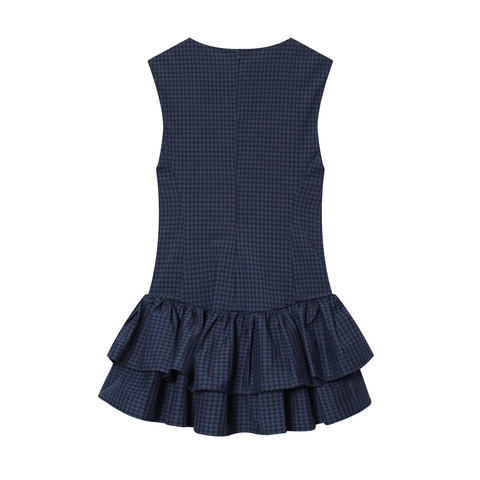 Ärmelloses Kariertes Minikleid Rundhals Doppelter Gestufter Rüschensaum Polyester Retro Akademischer Stil Damen
