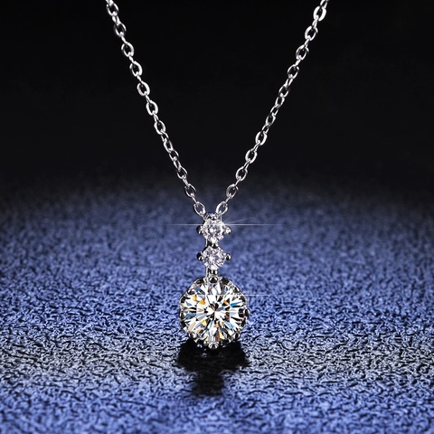 Collier Pendentif en Argent Sterling 925 Moissanite Zirconia Rond Brillant Trois Pierres Chaîne Box Bijoux pour Femmes