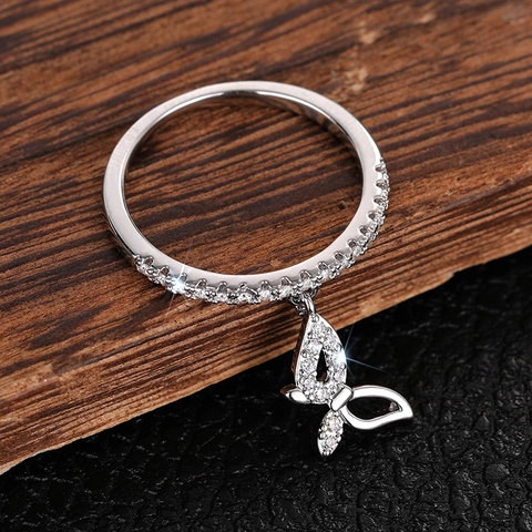 Butterfly Pendant Dangle Ring Women Copper Cubic Zirconia Half Eternity Delicate Jewelry