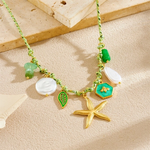 Ocean Theme Charm Necklace Woven Rope Stainless Steel Artificial Pearl Shell Starfish Turtle Conch Bohemian Summer Beach Jewelry Women