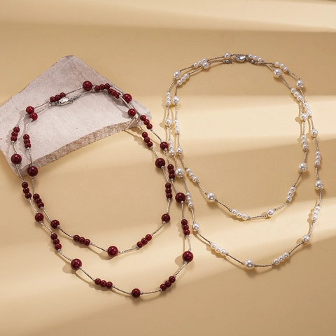Collar Largo De Dos Capas Para Suéter Retro Elegante Perla Artificial De Vidrio Cadena De Cobre Joyas Para Mujer