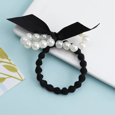 Elegant Faux Artificial Pearl Bowknot Hair Ties Elastic Ribbon Fabric Scrunchies Ponytail Holders For Women Girls Korean Style