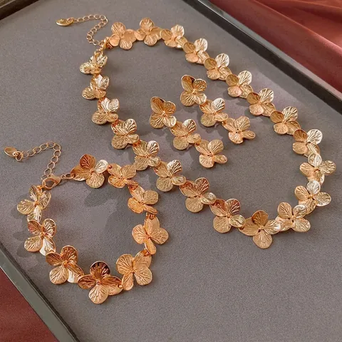 Collana Bracciale Orecchini Floreali Oro Spazzolato Vintage Con Perno In Argento Gioielli Moda Donna