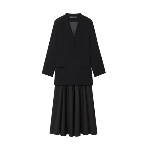 Women Elegant Blazer Maxi Dress Pleated Patchwork High Waist Long Sleeve Business Office Solid Polyester