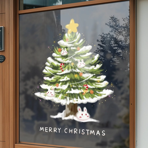Christmas Window Stickers Static Cling PVC Reusable Xmas Tree Rabbit Decor For Glass Door Shopping Mall
