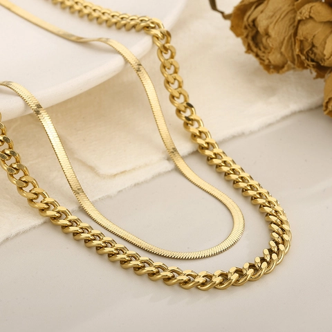 Double Layer Necklace Stainless Steel Cuban Link And Flat Snake Chain Fashion Jewelry For Women