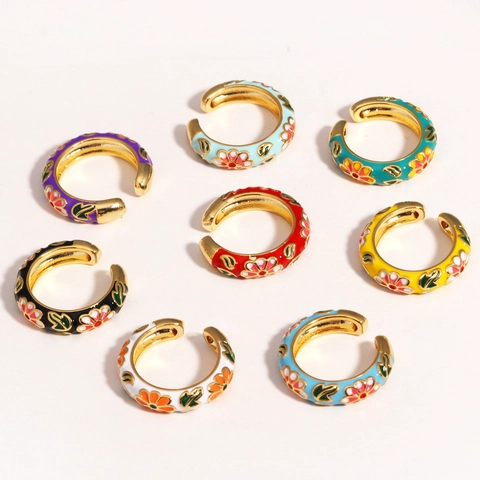 Colorful Enamel Floral Ring Copper Open Adjustable Minimalist Flower Finger Jewelry For Women