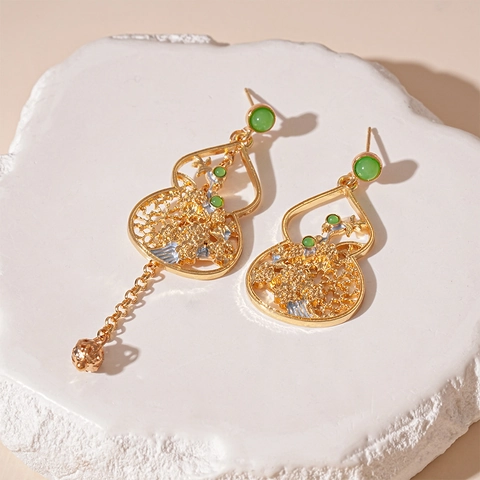 Hollow Gourd Drop Earrings Alloy With Silver Earring Post Green Beads Asymmetric Tassel New Chinese Style For Women