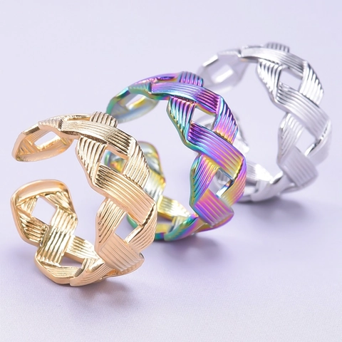 Woven Texture Hollow Out Ring Stainless Steel Open Adjustable Geometric Band Trendy Unisex Jewelry Accessories