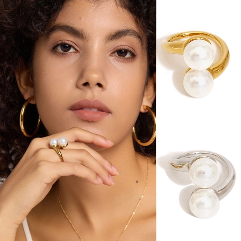 Verstelbare Ring Met Dubbele Kunstparels 316L Roestvrij Staal PVD Verguld Open Minimalistische Sieraden Voor Dames Waterdicht