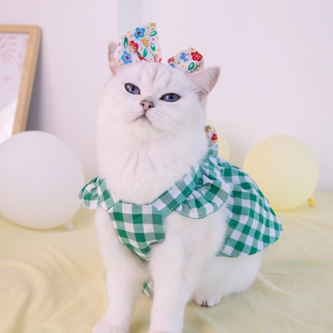Pet Dress Plaid Floral Bow Polyester Fabric Sweet Cute Holiday Clothes For Small Dogs Cats With Matching Accessory