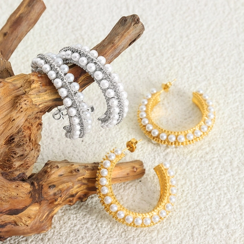Pendientes De Aro Irregulares De Acero Inoxidable Con Perlas Artificiales De Imitación Chapado En Oro Forma De C Estilo Retro Elegante Para Mujer