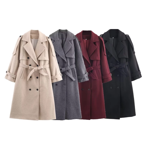 Damen Zweireihiger Wollmantel Langer Trenchcoat Jacke Mit Gürtel Revers Winter Außenbekleidung Einfarbig Mode