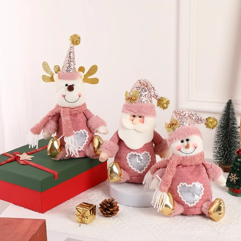 Pink Christmas Gift Bags Plush Sequin Heart Window Santa Snowman Reindeer Holiday Candy Apple Packaging Decor