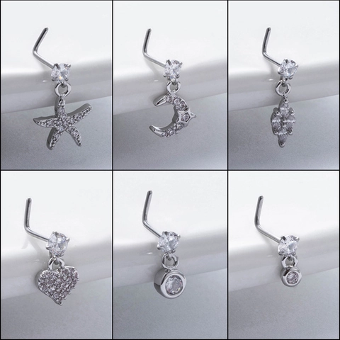 Piercing al Naso in Acciaio Inossidabile a L per Donna Zirconia Pendente Oro Argento Stella Luna Cuore Gioielli Regalo