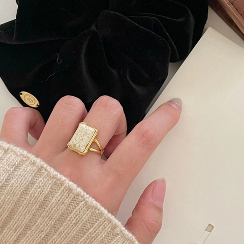 Vintage Ring 925 Sterlingsilber Rechteckiger Marmorstein Verstellbar 18K Vergoldet Minimalistisch Chic Fingerschmuck