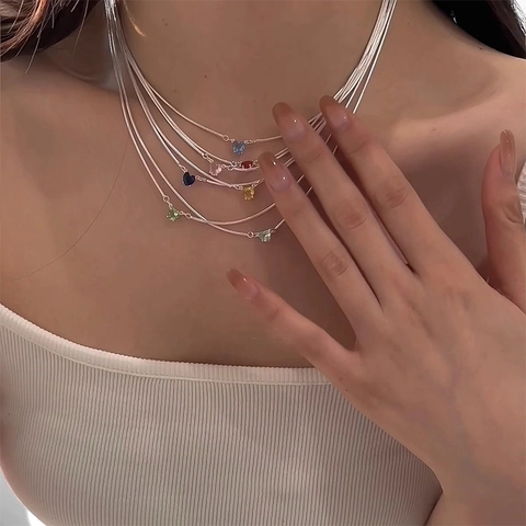 Sweet Heart Pendant Necklace Copper Color Rhinestone Clavicle Chain For Women Elegant Neck Jewelry Stylish Accessories Gift