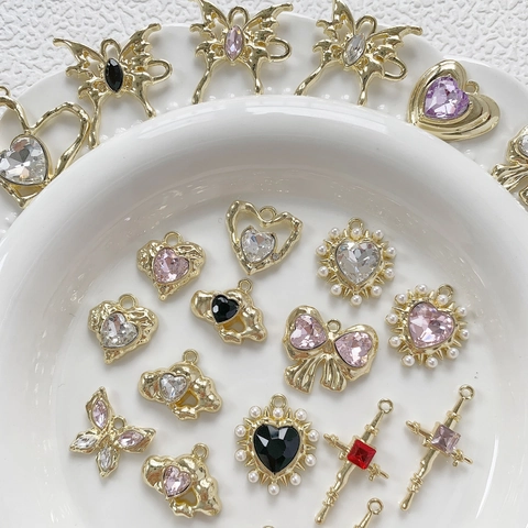 Heart Butterfly Cross DIY Jewelry Charms Pendants Alloy Rhinestone Faux Artificial Pearl Plated For Necklace Bracelet Making Crafting