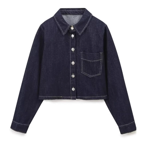 Camisa De Mezclilla Con Botones Para Mujer Y Pantalones De Pierna Ancha Con Cordón Talle Alto Camiseta Corta De Manga Larga