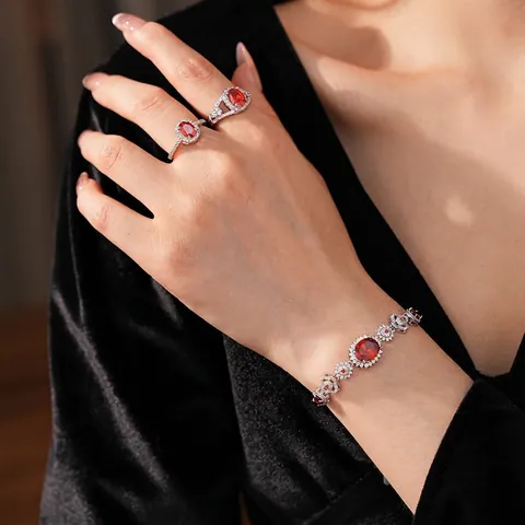 Joyería Mujer Pulsera Y Anillos De Cobre Con Circonita Roja Ovalada Flor Exquisita Estilo Lujo Vintage